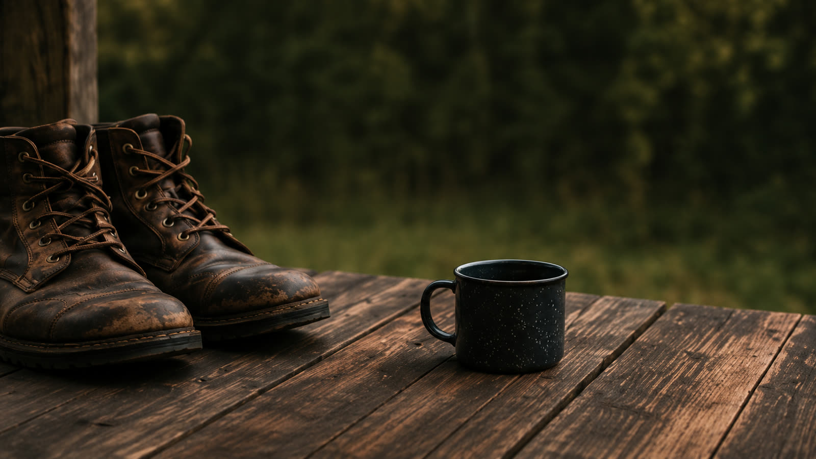 Worn leather work boots and a tin camp mug on a weathered wooden deck